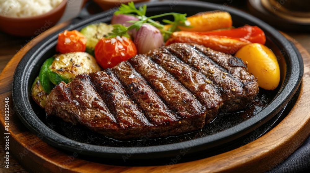 Grilled beef sizzling on a hot plate, surrounded by fresh vegetables and vibrant side dishes, creating a perfect dining experience. Grilled beef sizzling on a hot plate, surrounded by fresh vegetables and vibrant side dishes, creating a perfect dining experience.
