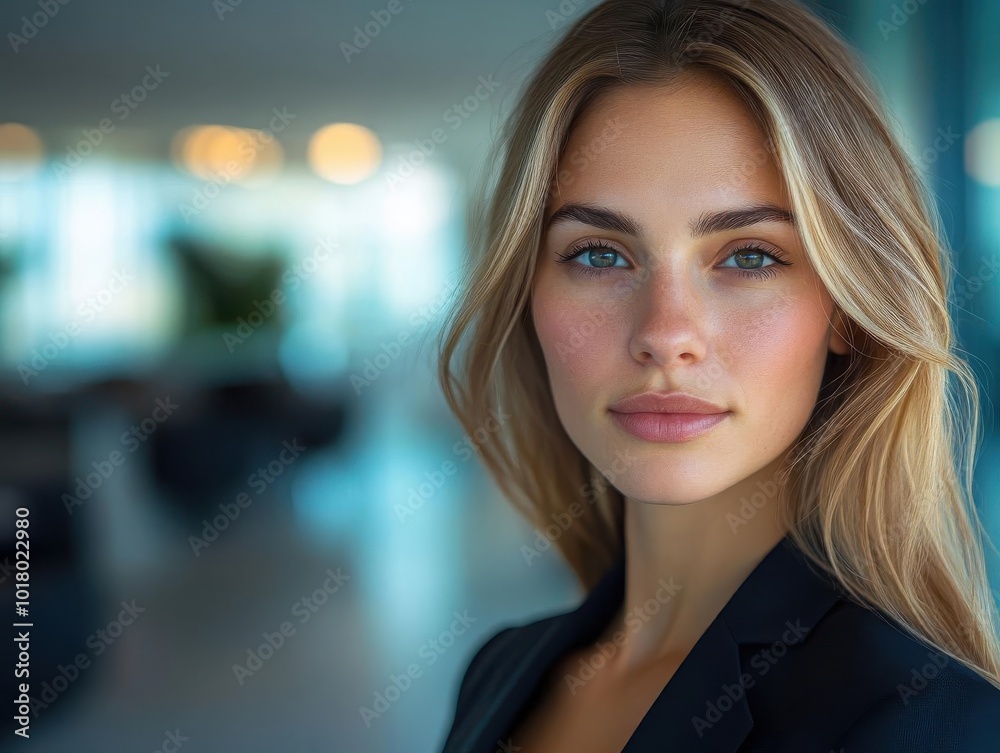 Professional confident blonde woman in a business suit standing in a modern office environment, blurred background with natural light. Professional confident blonde woman in a business suit standing in a modern office environment, blurred background with natural light.