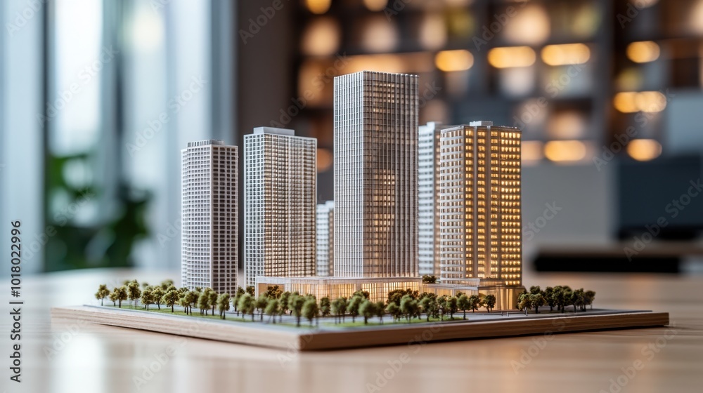 High-rise commercial building models standing on a wooden surface, representing structural innovation in a professional setting