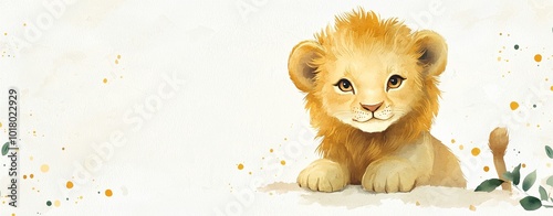 A cute, illustrated lion cub sits playfully against a light background, evoking a sense of innocence and curiosity. photo