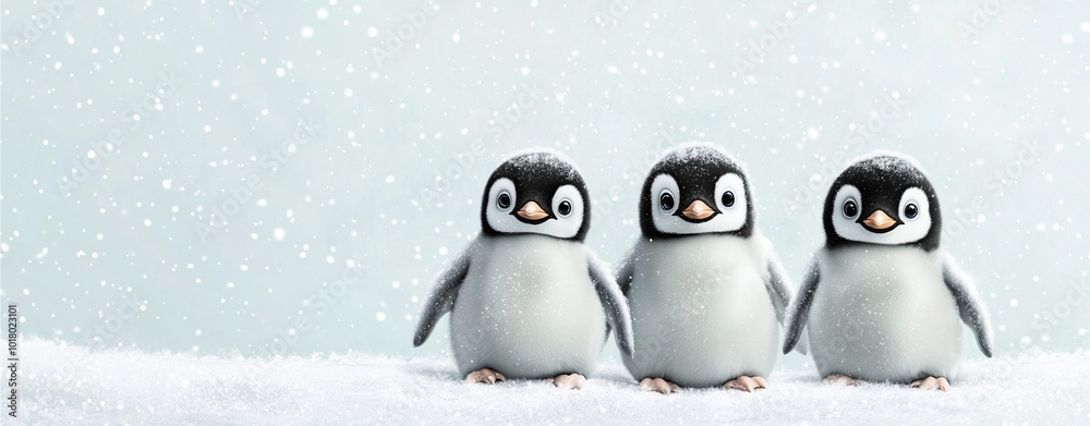 Obraz premium Three adorable penguins stand together in a snowy landscape, surrounded by falling snowflakes, exuding a cute and playful winter vibe.
