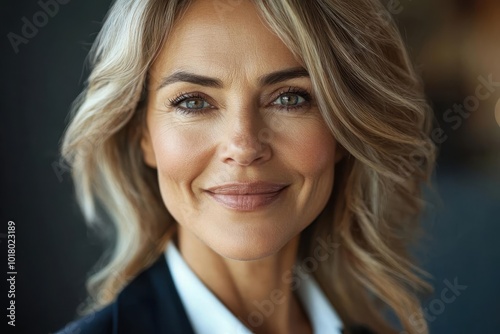 Confident blonde businesswoman in grey suit, smiling slightly with a professional and calm demeanor. Dark background.