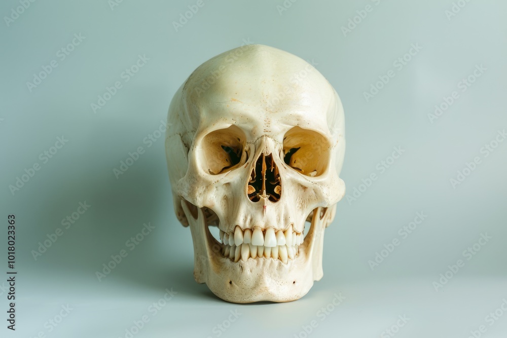 A human skull sits against a neutral background, offering a study in anatomy and the passage of time. A human skull sits against a neutral background, offering a study in anatomy and the passage of time.