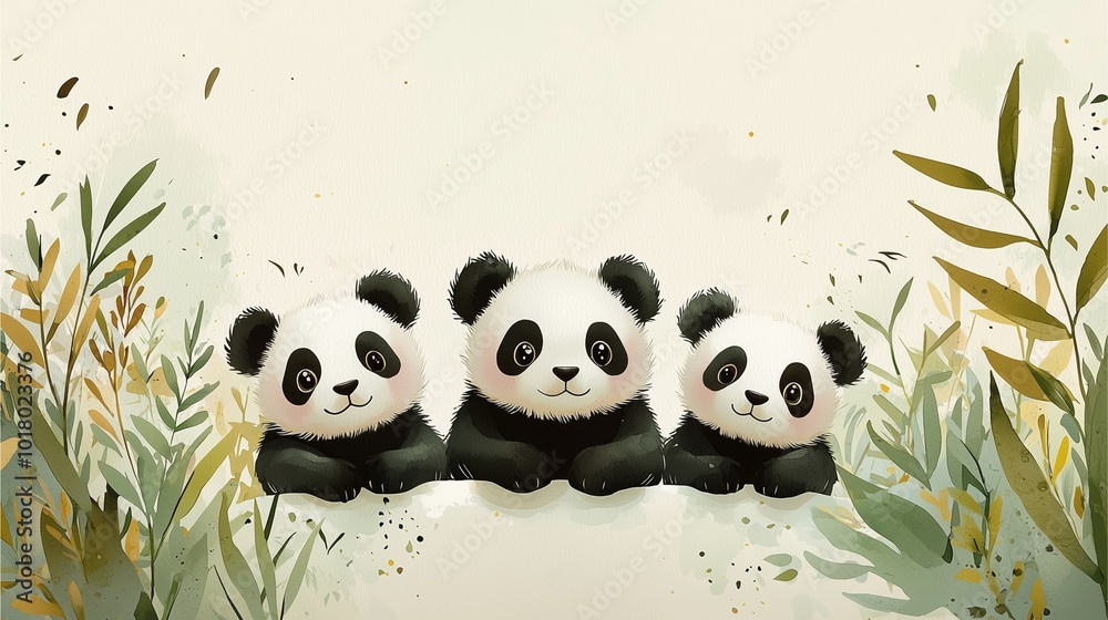 Fototapeta premium Three cute panda characters are nestled together amidst gentle foliage, embodying a charming and whimsical atmosphere.