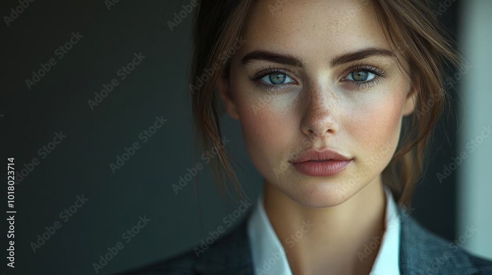 Professional woman with serious expression, dressed in business attire, looking directly at the camera. Close-up portrait set against a dark background. Professional woman with serious expression, dressed in business attire, looking directly at the camera. Close-up portrait set against a dark background.
