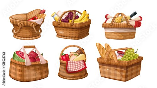 Wicker cartoon basket with picnic food set. Funny retro wooden box collection with open lid and handles. Kitchen storage, date mascots, cartoon baskets with fruit, wine and cheese vector illustration