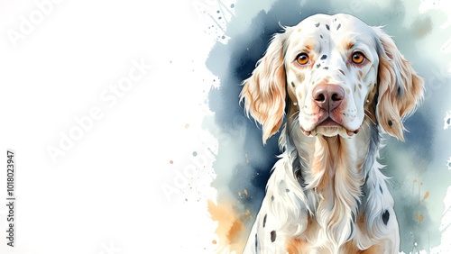 English Setter dog , captured in a serene watercolor portrait. Drawing. Art. Illustration. Copy Space. 1