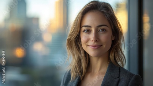 Confident professional woman in a modern office setting with a cityscape background, exuding competence and success in her career.