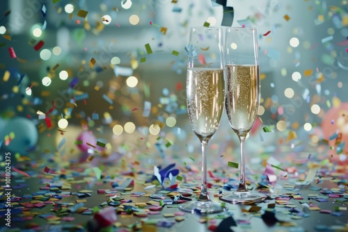 Two champagne flutes stand amid vibrant confetti, highlighting the joy and exuberance of the celebration.