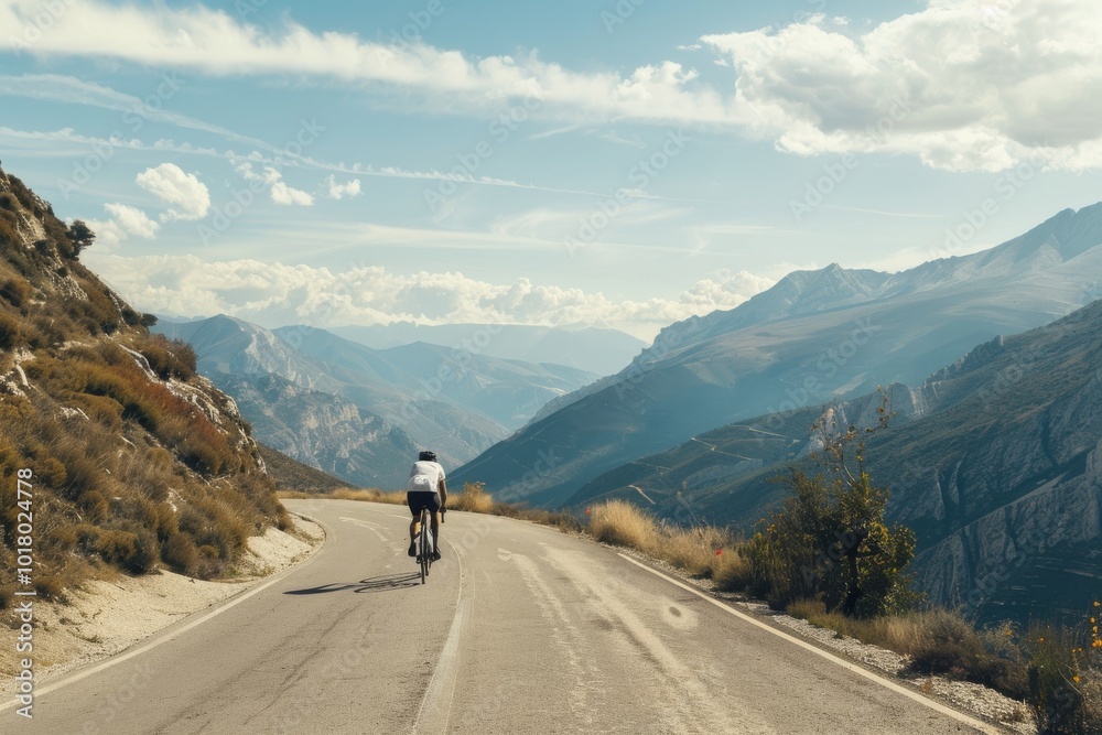 A lone cyclist rides along a winding mountain road, surrounded by vast, breathtaking views of rolling hills and distant, towering peaks. A lone cyclist rides along a winding mountain road, surrounded by vast, breathtaking views of rolling hills and distant, towering peaks.