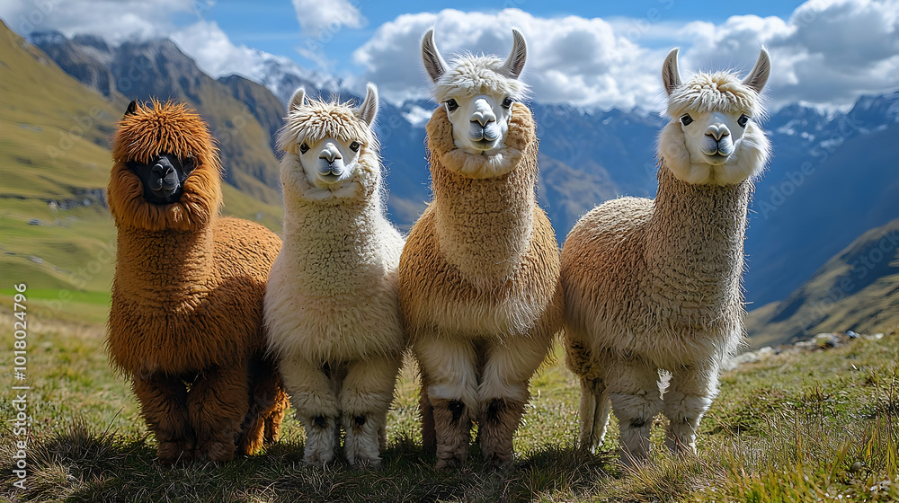 Four llamas standing together in a scenic mountain landscape. Four llamas standing together in a scenic mountain landscape.