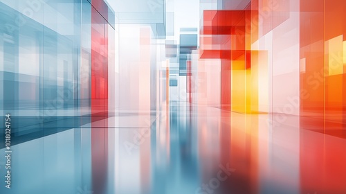 Abstract futuristic modern interior design, blurred background with geometric shapes and colorful blocks in light blue, red, orange, and white colors