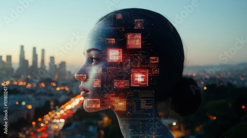 The double exposure of the female intelligence head with the iconic displayed on their face shows the development and progress of urban background technology