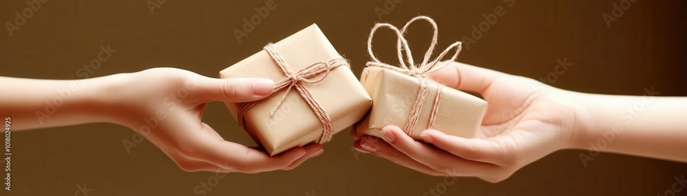 A close-up of two hands passing a gift, symbolizing the joy of sharing and giving A close-up of two hands passing a gift, symbolizing the joy of sharing and giving