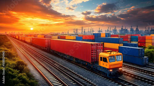 Freight train transporting colorful containers at sunset. photo