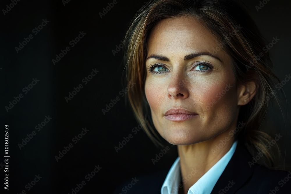 Portrait of a confident woman with expressive eyes and a focused expression, set against a dark background, capturing professionalism and strength. Portrait of a confident woman with expressive eyes and a focused expression, set against a dark background, capturing professionalism and strength.