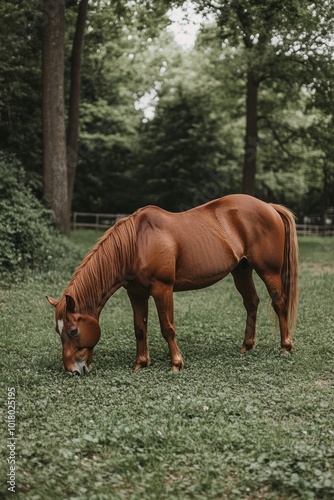 A brown horse grazing on grass in a lush green forested area.