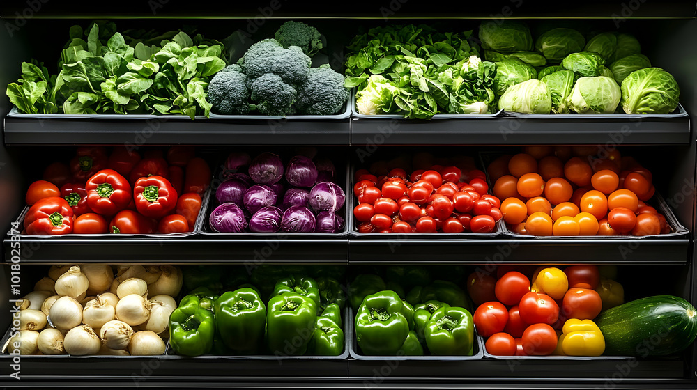 Fresh vegetables arranged on shelves in a grocery store. Fresh vegetables arranged on shelves in a grocery store.