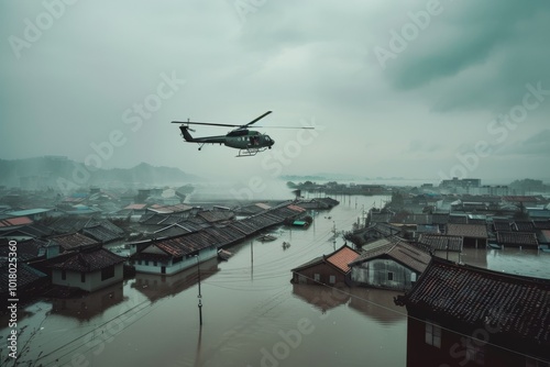 Floodwaters surround a rural town as a helicopter flies above in misty conditions, conducting a rescue and relief mission. photo