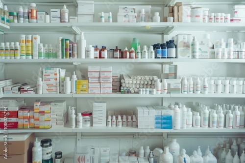 Neatly arranged pharmacy shelves display a variety of medicines and health products, creating an atmosphere of organization and pharmaceutical precision.