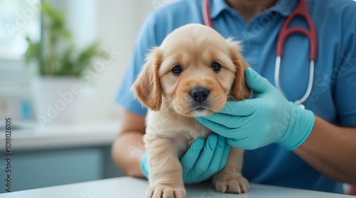 The veterinarian examines the dog, demonstrating care and attention to the pet's health.