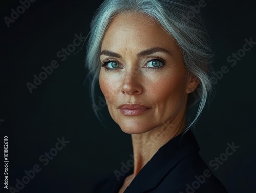 Elegant woman with silver hair and piercing blue eyes, posed against a dark backdrop, exuding confidence and grace, wearing a black outfit.