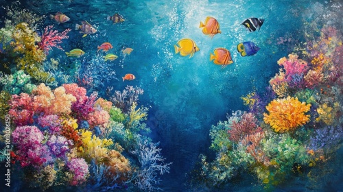 Stunning artwork of deep sea life featuring colorful fish, coral reefs, and lush aquatic plants in a tranquil underwater landscape.