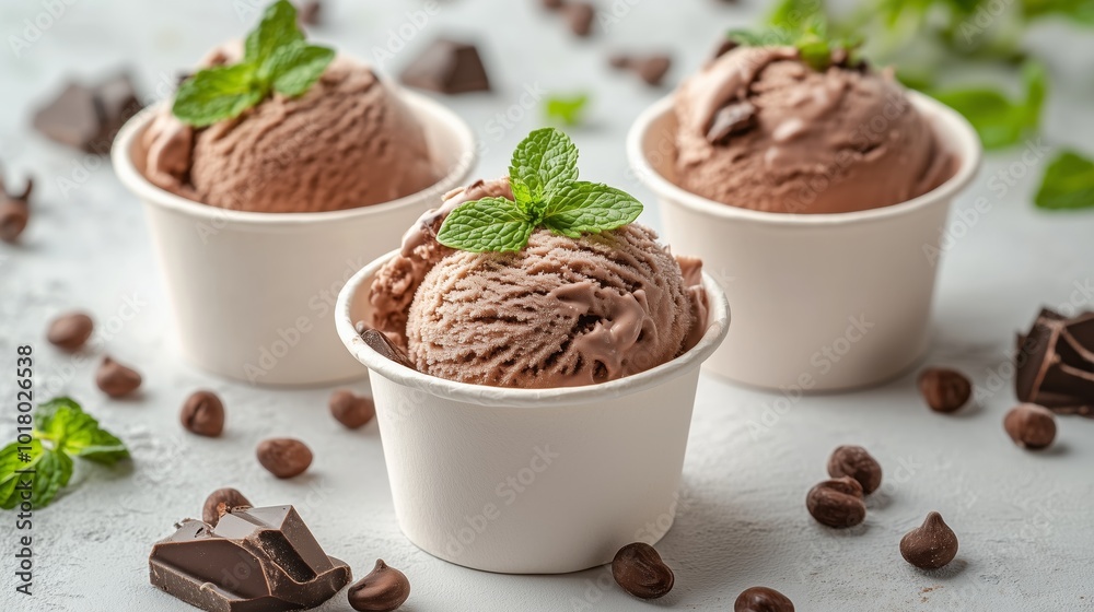 Chocolate mint ice cream in white paper cups, on a light background Chocolate mint ice cream in white paper cups, on a light background