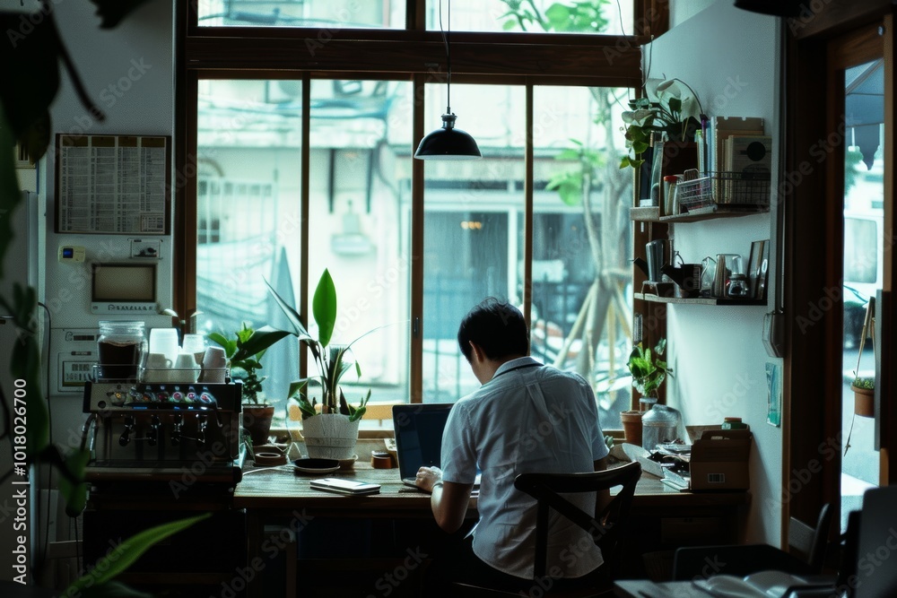 A person works at a table by a large window, surrounded by plants, capturing a modern urban workspace ambiance. A person works at a table by a large window, surrounded by plants, capturing a modern urban workspace ambiance.
