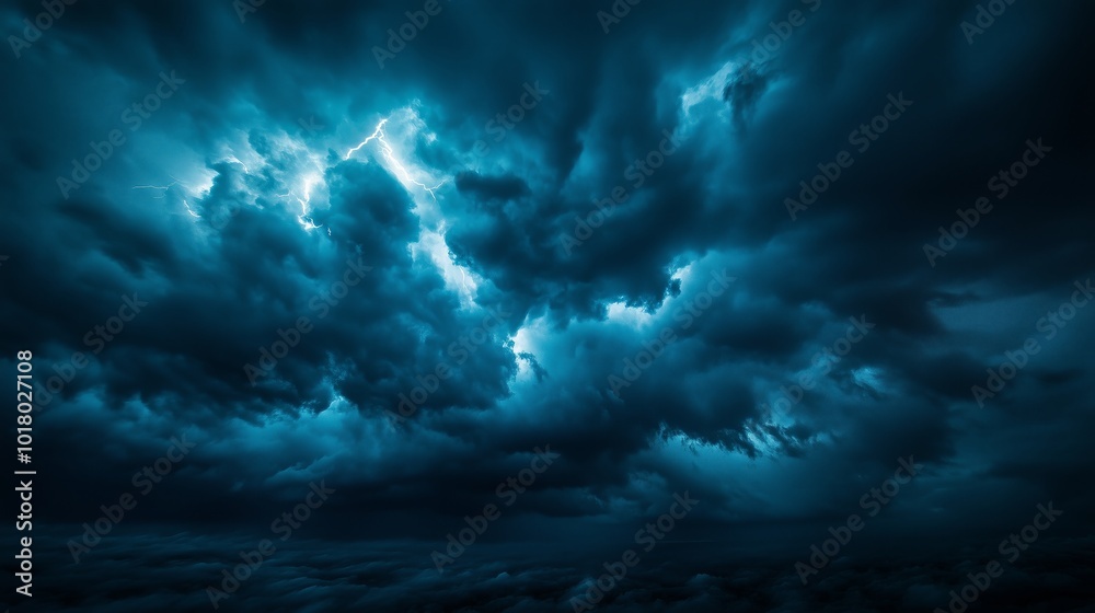 Dark, stormy clouds with lightning, a dark blue and black color palette, and a cinematic feel Dark, stormy clouds with lightning, a dark blue and black color palette, and a cinematic feel