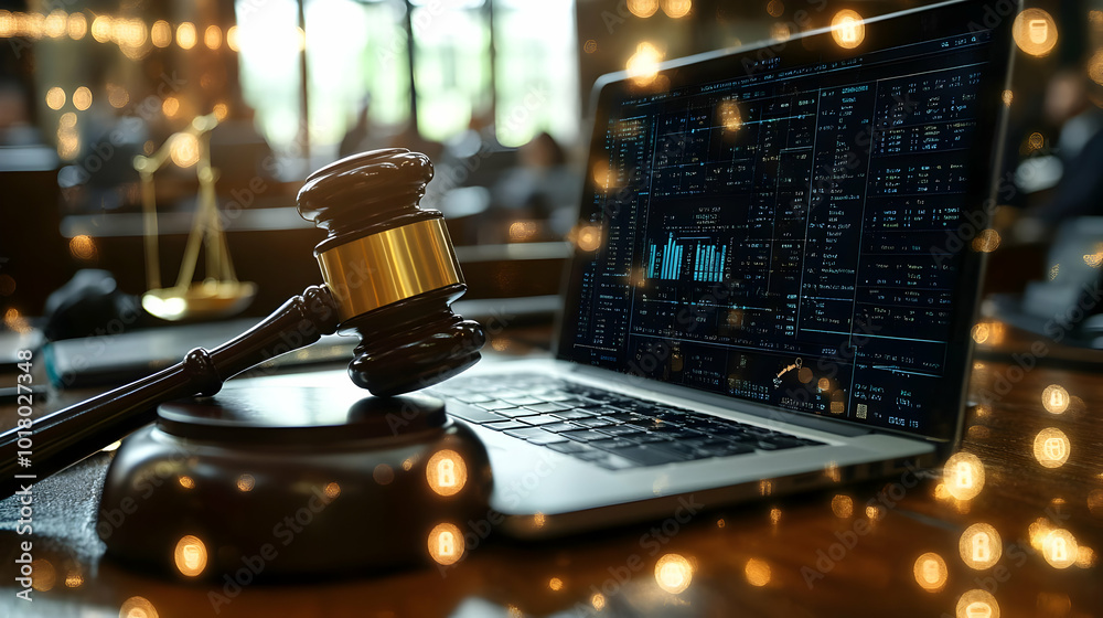 Gavel and laptop on a desk, symbolizing law and technology. Gavel and laptop on a desk, symbolizing law and technology.