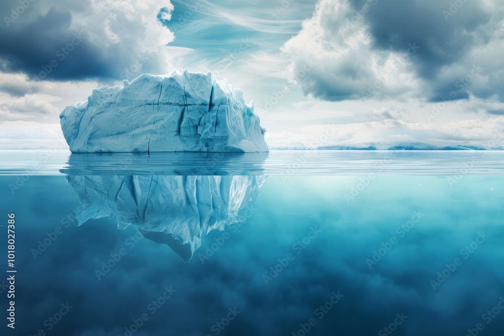 Fototapeta premium A majestic iceberg reflects brilliantly on calm, azure waters, under a dramatic sky with swirling clouds, evoking a serene yet powerful natural beauty.