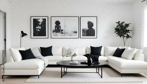Minimalist white Japandi modern living room design with black wall art 