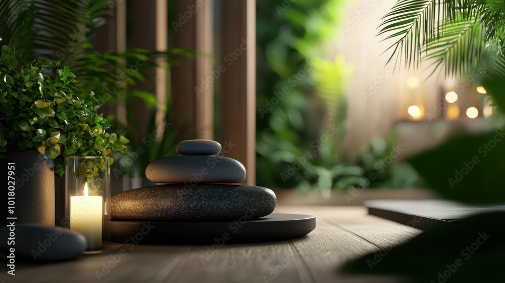 Tranquil spa setting with stones and greenery Tranquil spa setting with stones and greenery