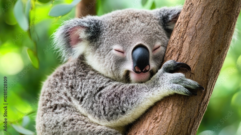 Obraz premium A koala peacefully sleeping while hugging a tree in a natural setting.