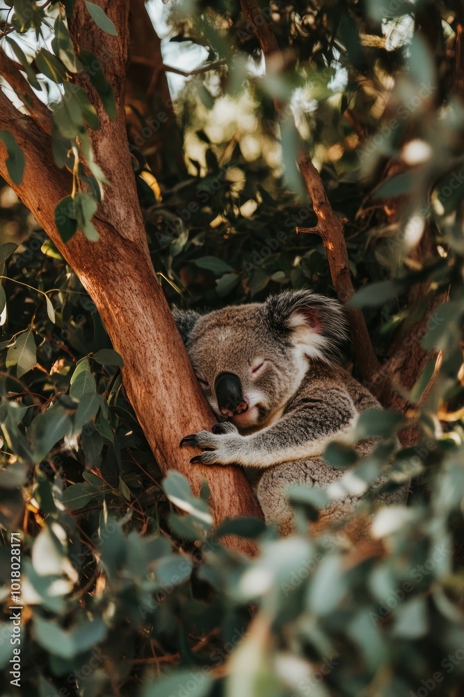 Obraz premium A koala peacefully sleeping on a tree branch surrounded by green leaves.