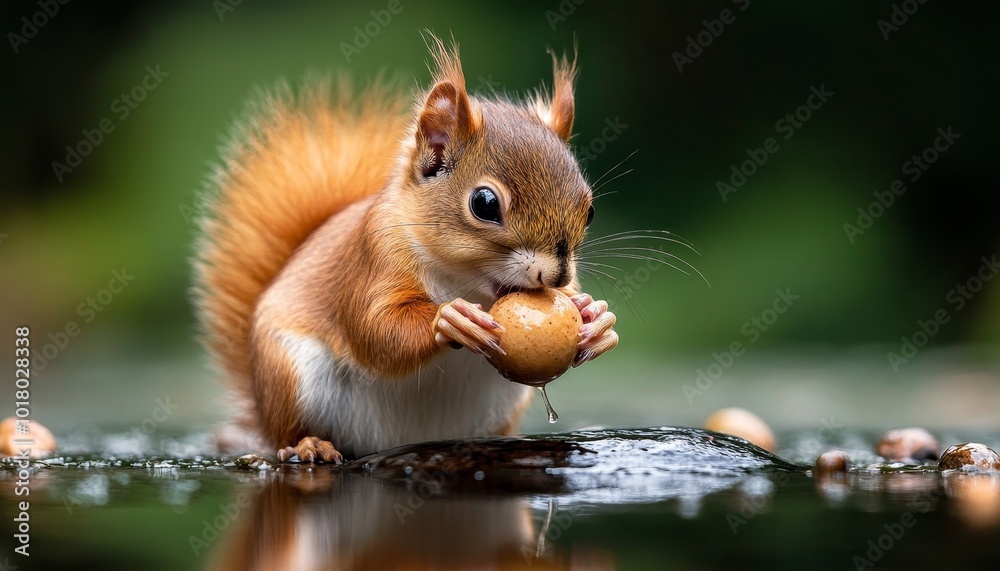 Red Squirrel Eating a Nut by the Water Red Squirrel Eating a Nut by the Water