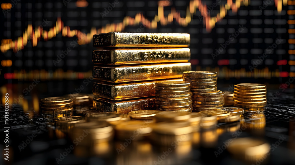 Gold bars and coins with a financial chart background. Gold bars and coins with a financial chart background.