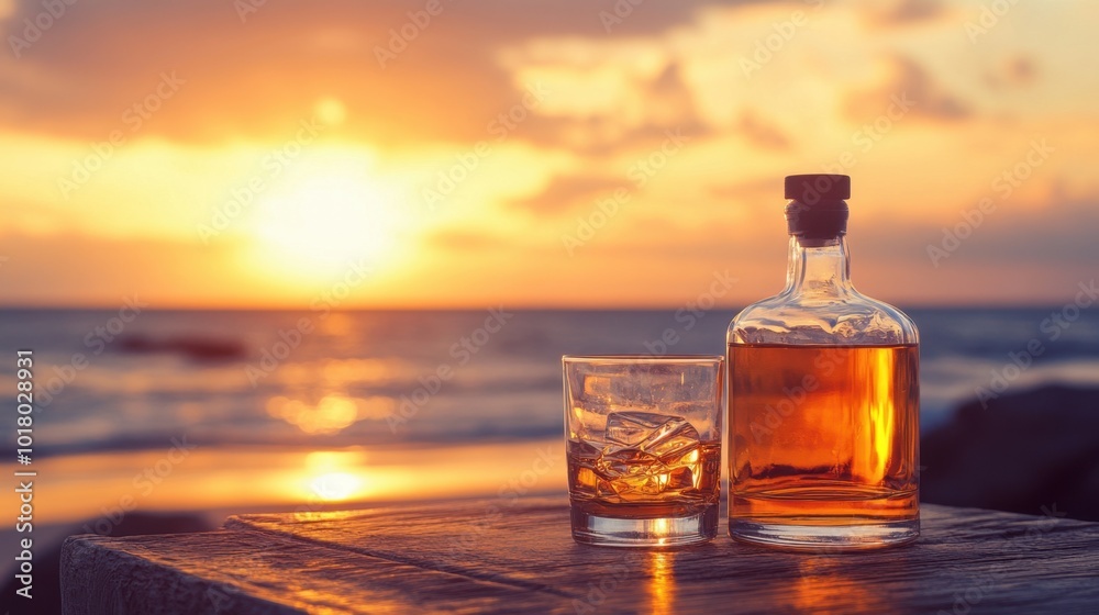 Whisky bottle and glass resting on a table by the ocean at sunset, capturing the tranquility and luxury of a seaside evening. Whisky bottle and glass resting on a table by the ocean at sunset, capturing the tranquility and luxury of a seaside evening.