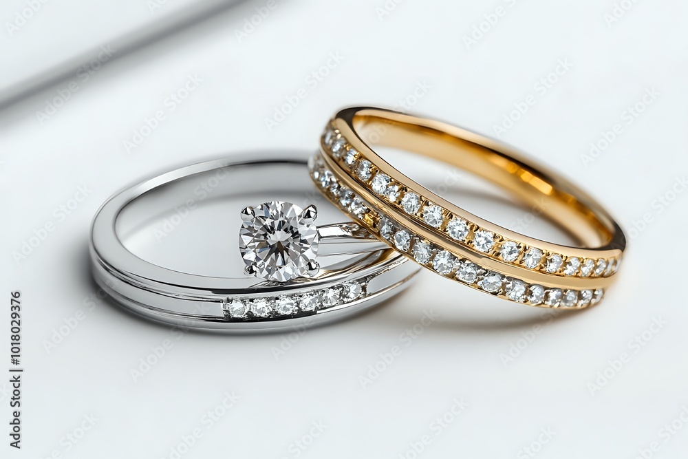 Close up of two diamond rings, one with a large solitaire stone, on a white background. Close up of two diamond rings, one with a large solitaire stone, on a white background.