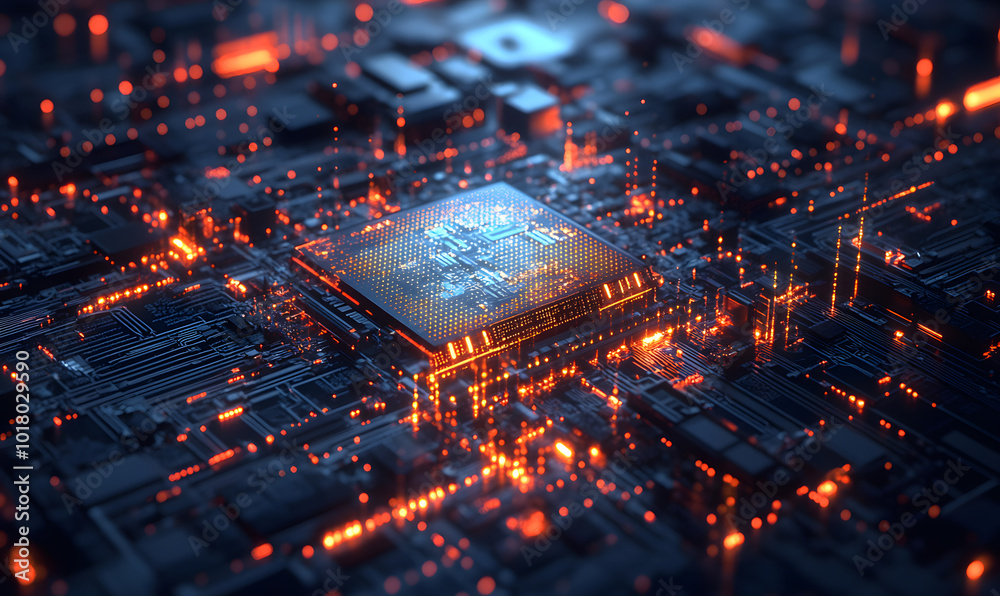 Futuristic AI Chip with Neon Circuits and Dynamic Data Streams in High-Tech Digital Environment Futuristic AI Chip with Neon Circuits and Dynamic Data Streams in High-Tech Digital Environment