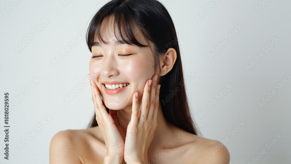 Serene Young Woman Touching Face: Natural Beauty for Skincare Advertising or Wellness Campaign Serene Young Woman Touching Face: Natural Beauty for Skincare Advertising or Wellness Campaign