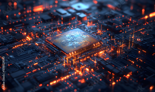 Futuristic AI Chip with Neon Circuits and Dynamic Data Streams in High-Tech Digital Environment