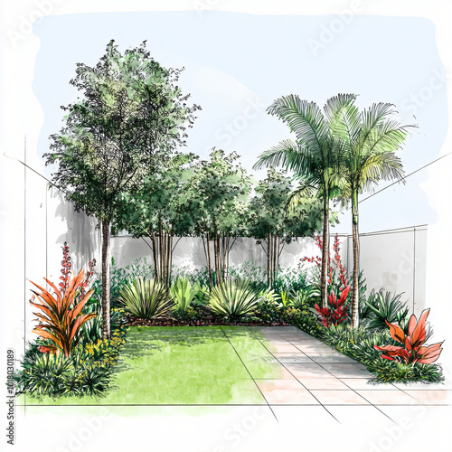 Landscape architect drawing of flowerbed project, garden project, water market technique. Garden project, exotic greenery project, greenery arrangement.