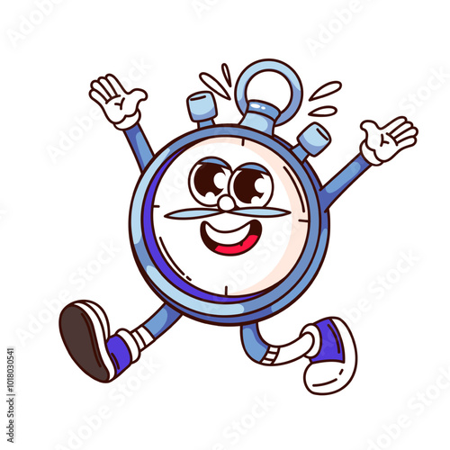 Groovy timer cartoon character running fast. Funny retro blue stopwatch showing Stop. Time counter, quiz mascot, cartoon counter timer of competition sticker of 70s 80s style vector illustration