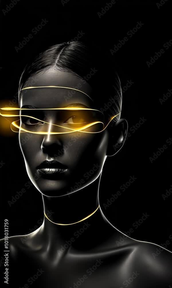 Futuristic figure with glowing accents and sleek design, showcasing a blend of art and technology against a dark background. Modern aesthetics and innovative concepts captured in a striking portrait