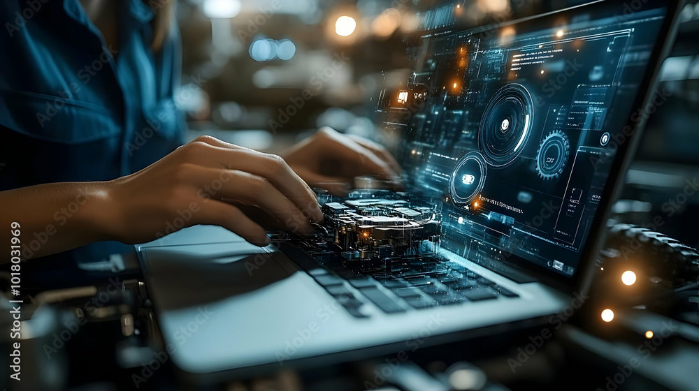 Hands typing on a laptop with futuristic technology interface. Hands typing on a laptop with futuristic technology interface.