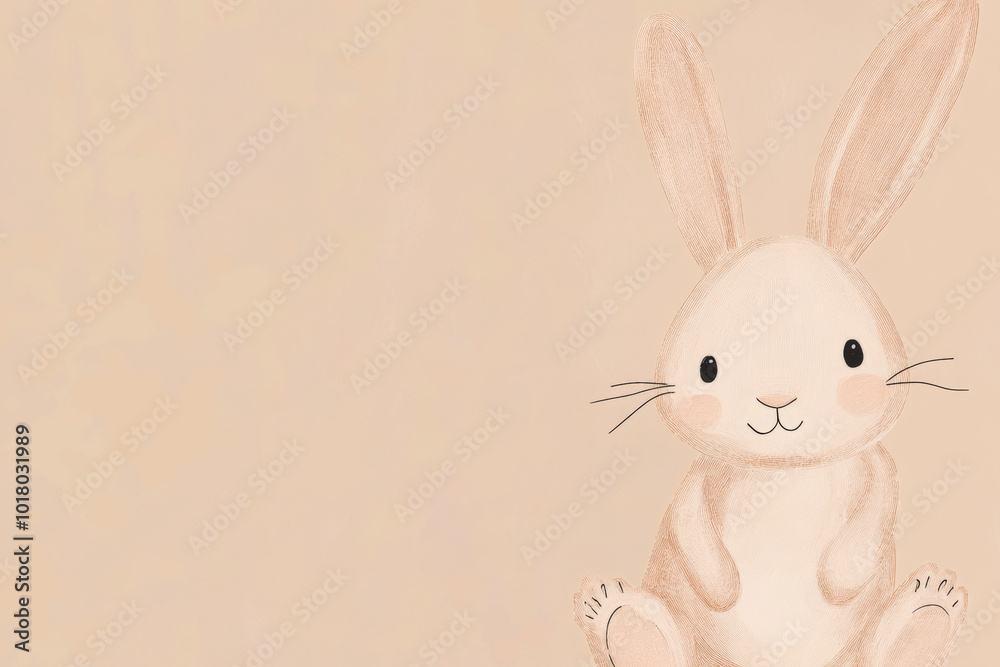 Fototapeta premium Adorable fluffy bunny sitting quietly against a soft neutral background, ideal for children's artwork or nursery decor
