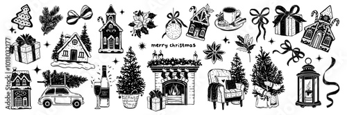 Christmas doodle set, holiday New Year celebration sketch, winter pine tree, cozy fireplace, cookies. Traditional gingerbread, festive armchair December fir engraving illustration. Christmas doodle