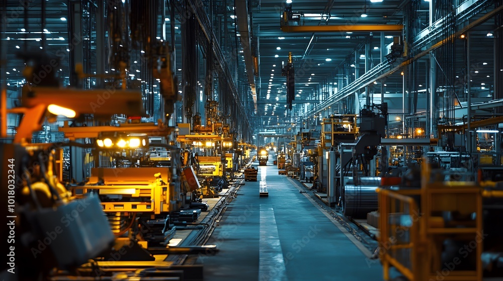 A factory with many machines and workers. Scene is industrial and busy. The workers are focused on their tasks, and the machines are working hard to produce goods A factory with many machines and workers. Scene is industrial and busy. The workers are focused on their tasks, and the machines are working hard to produce goods